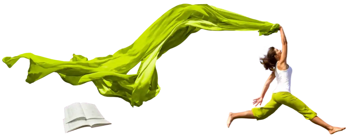 Woman jumping with flowing fabric