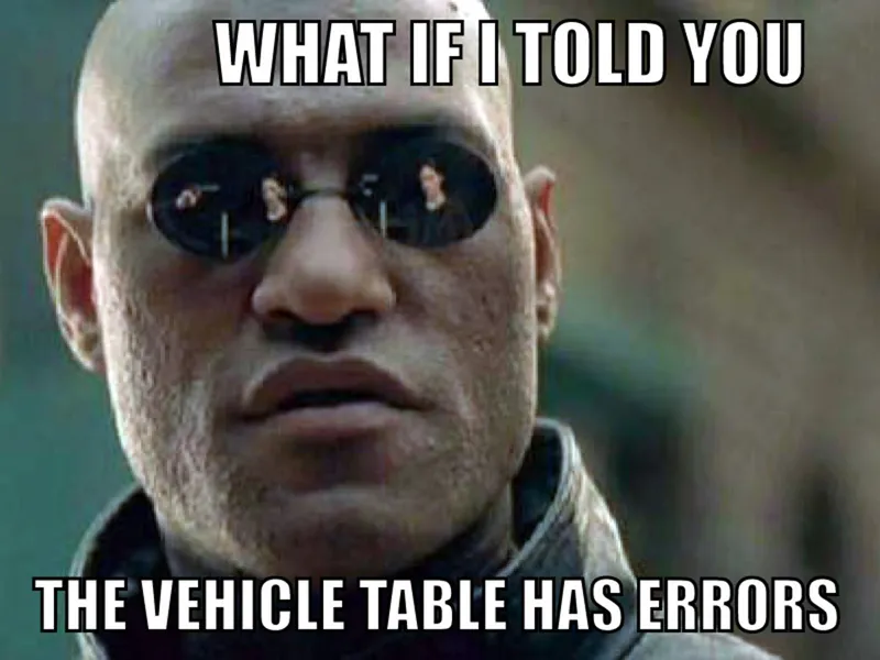 Morpheus saying 'what if I told you the vehicle table has errors'